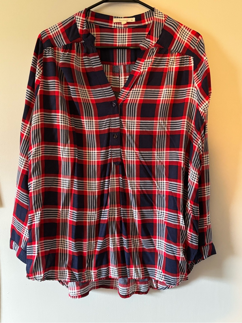Fun 2 Fun-Plaid Button-Front Women’s Top - Red Navy Plaid